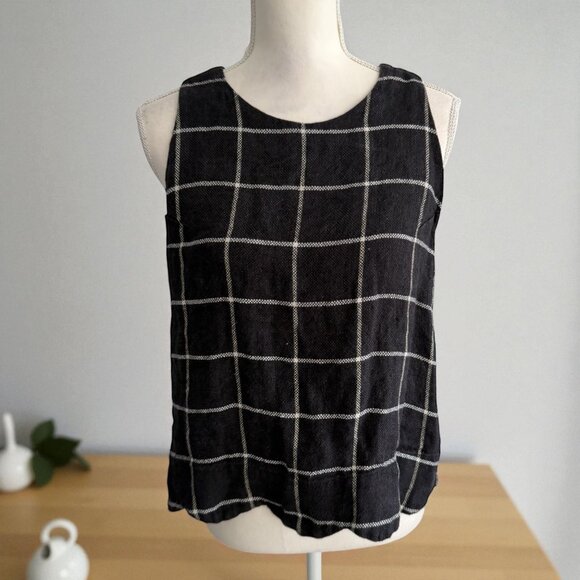 LISA MARIE FERNANDEZ Plaid Gray 100% Linen Button Detail Sleeveles Shift Top Siz - Picture 1 of 8